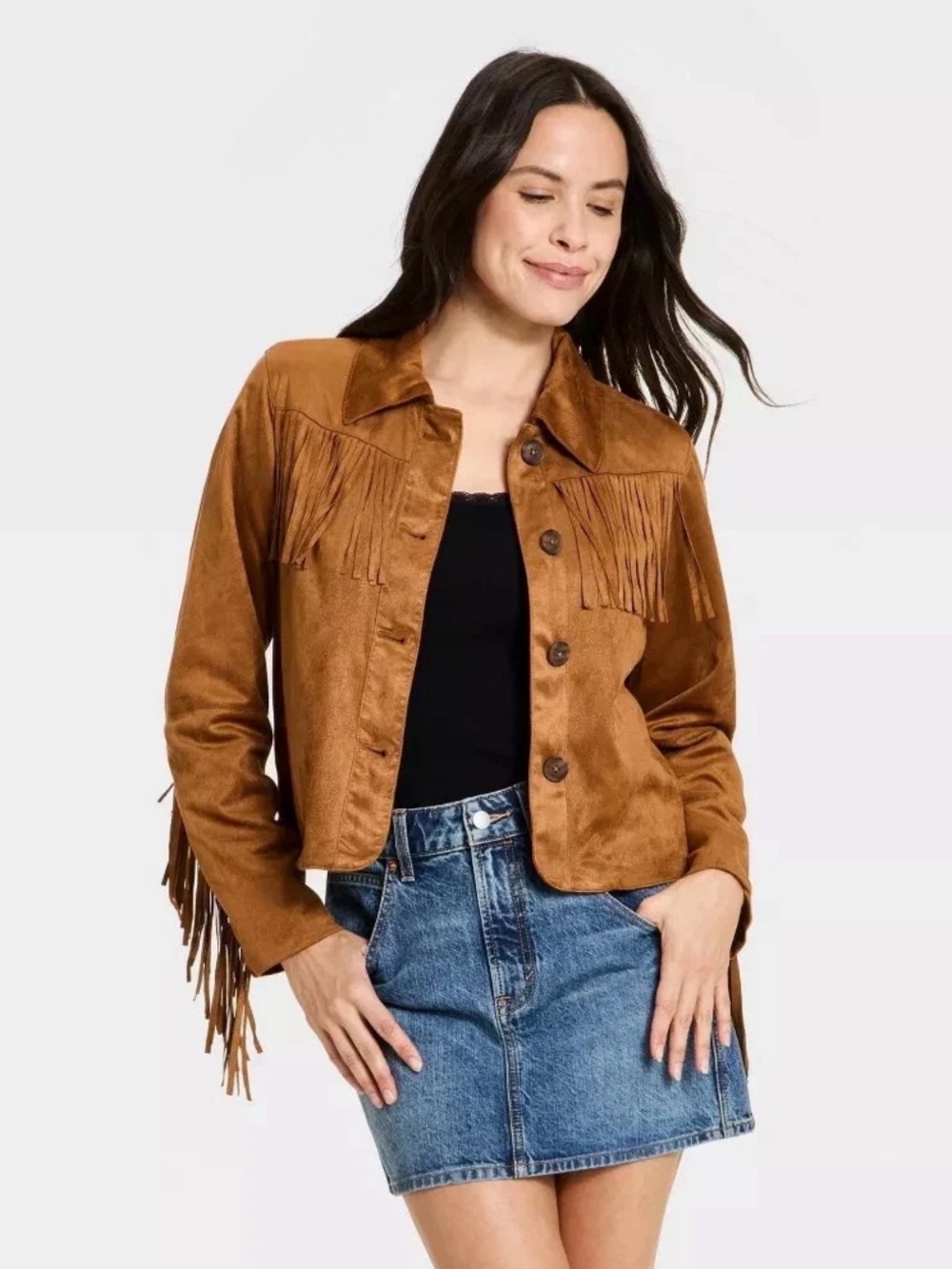 Universal Thread Cognac Fringe Button-Front Jacket